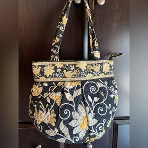 Vera Bradley two handle shoulder bag, zipper closure,black and yellow print.